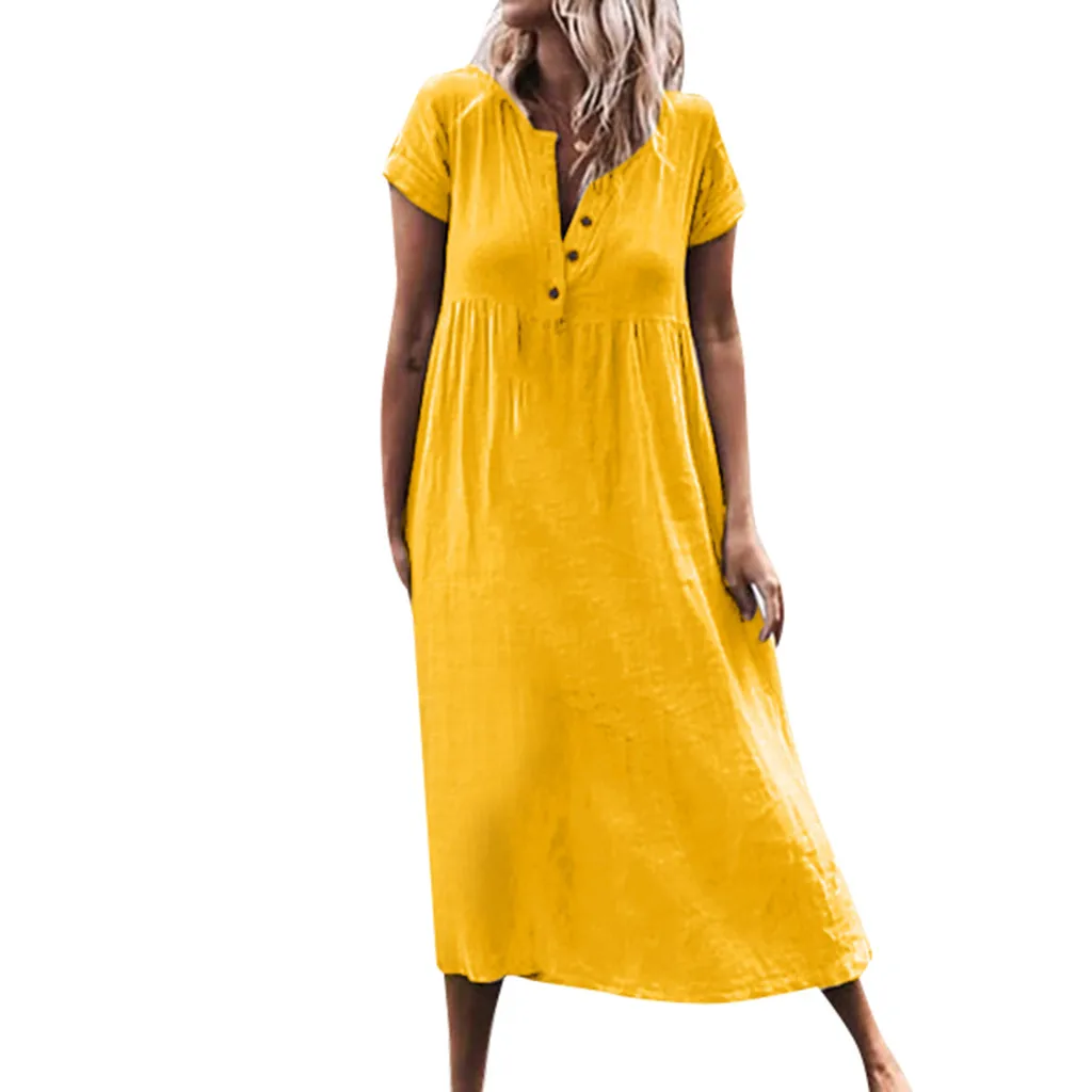 Feitong пять цветов! Модное повседневное женское однотонное платье с v-образным вырезом и закатывающимся рукавом, платье с пуговицами, Vestido#@ R - Цвет: Цвет: желтый