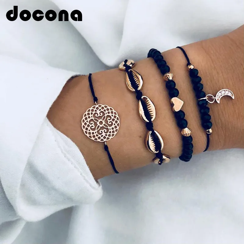 

docona Bohemian Gold Color Moon Shell Heart Layered Bracelet Bangle Set for Women Black Beads Flower Adjustable Bracelet 3826
