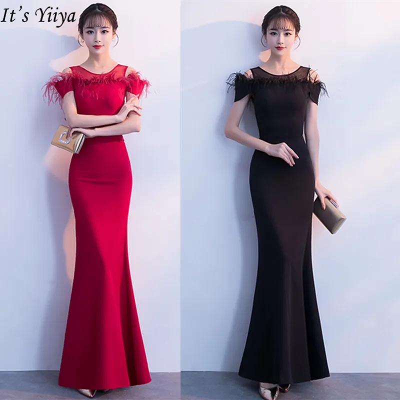

It's Yiiya Evening dress Elegant Off shoulder Long Short sleeve Dress floor length Zipper back Mermaid O-neck Prom dress C047