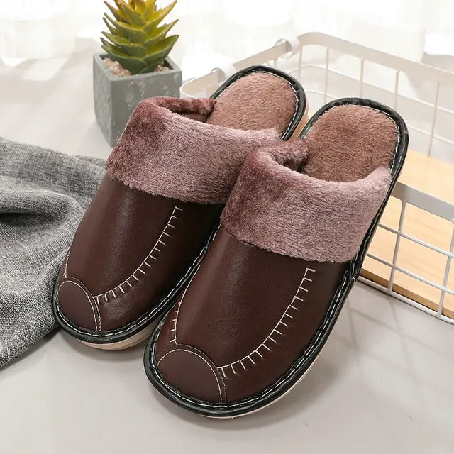 Leather Women Men Couples Home Slippers For Indoor House Bedroom Shoes Comfortable Plush Unsex Warm Mens Slippers Shoes (6)