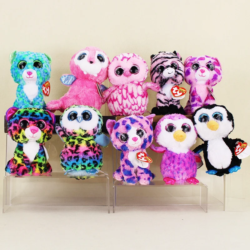 15cm Ty Beanie Boos Big Eyes Leopard Dotty Colorful Owl Penguin Pink Owl Purple Penguin Green