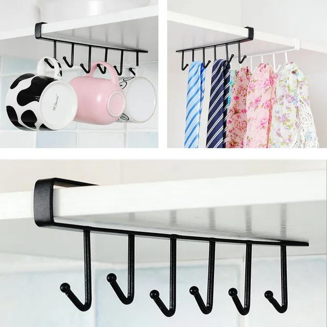 Best Price 6 Hooks Cup Holder Hang Kitchen Cabinet Under Shelf Hook Rack Kitchen Organizer Storage Holders Racks