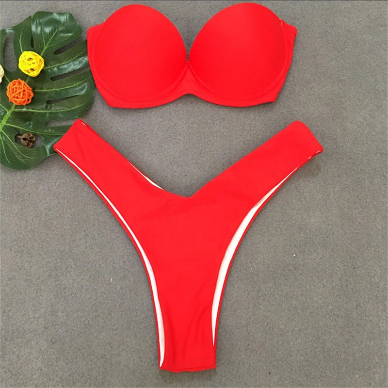 Женский комплект бикини на косточках, бандо, сексуальный купальник, пляжная одежда, купальный костюм, женский бикини, Леопардовый принт - Цвет: Красный