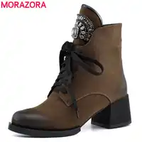 MORAZORA ホット販売女性のためのジッパー + レース秋冬ブーツクリスタルファッションハイヒールの靴の女性