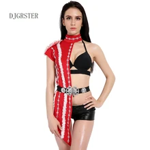 

New Fashion Sequins Black Red Patchwork Space Dance Costumes Female Ds Dj Stage Costumes For Singer Nightclub Bar Half Bodysuit