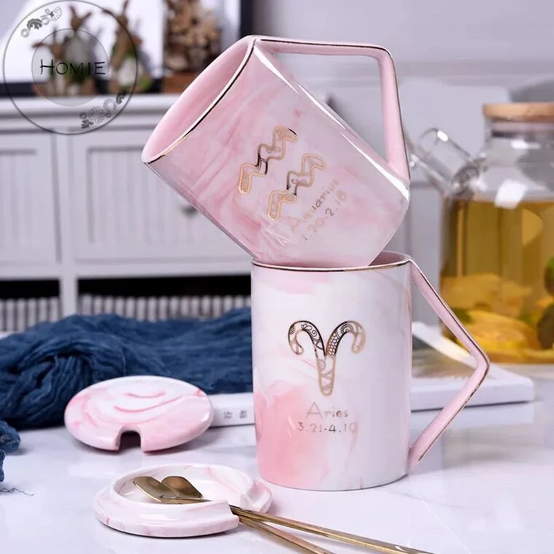 

Twelve constellation marble cup with cover Long spoon Ceramic Party Tableware Set Porcelain Breakfast Coffee Mug Cup Decoration