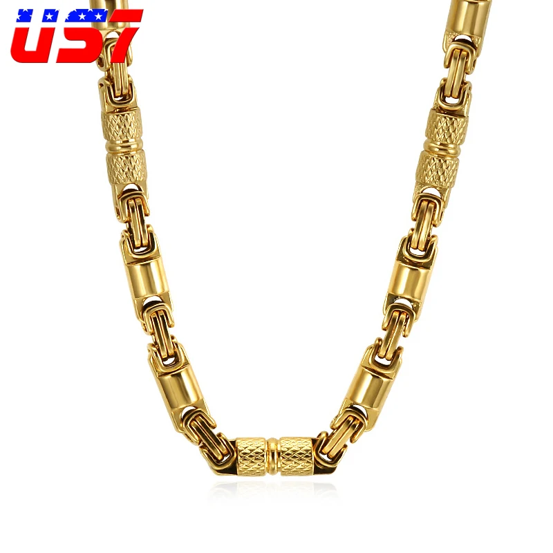 US7 Two Tone Gold-Color Titanium Нержавеющая сталь 55 см Длинные 6 мм Широкие тяжелые линии Византийские коробки Цепи Ожерелья для мужчин Ювелирные изделия
