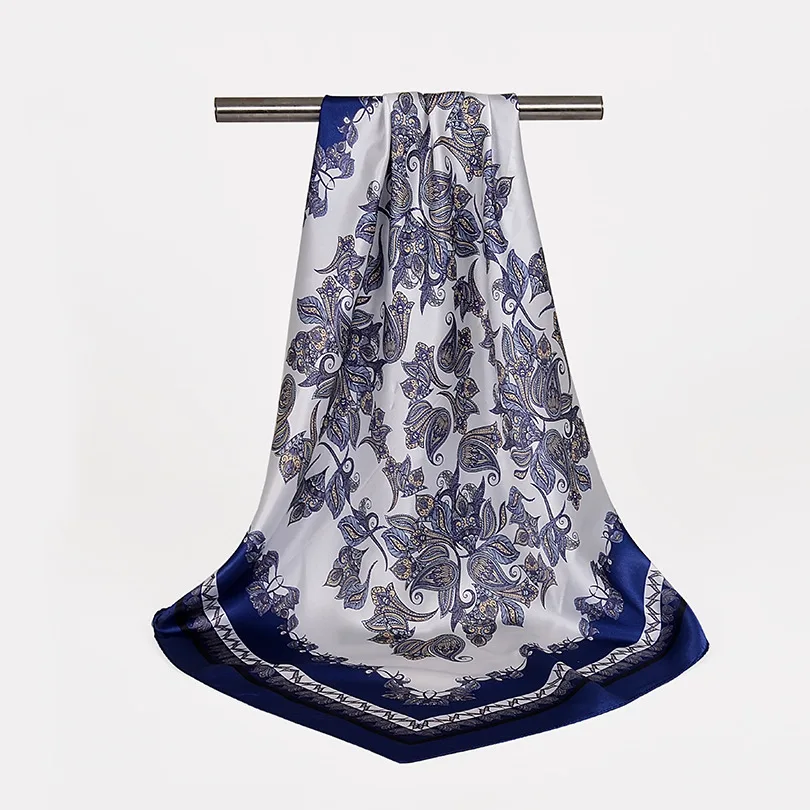 [BYSIFA] осень зима женские чистые шелковые квадратные платки синий шелковый шарф шаль Дамский шейный шарф цветочный дизайн шарфы, сатин - Цвет: navy blue white