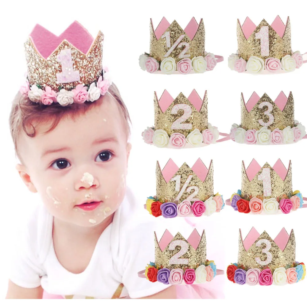 

1PCS Baby First Birthday Headband Kids Floral Crown Party Decor Hats 1st 2nd 3rd Year Old Caps Child Princess Hair Accessories