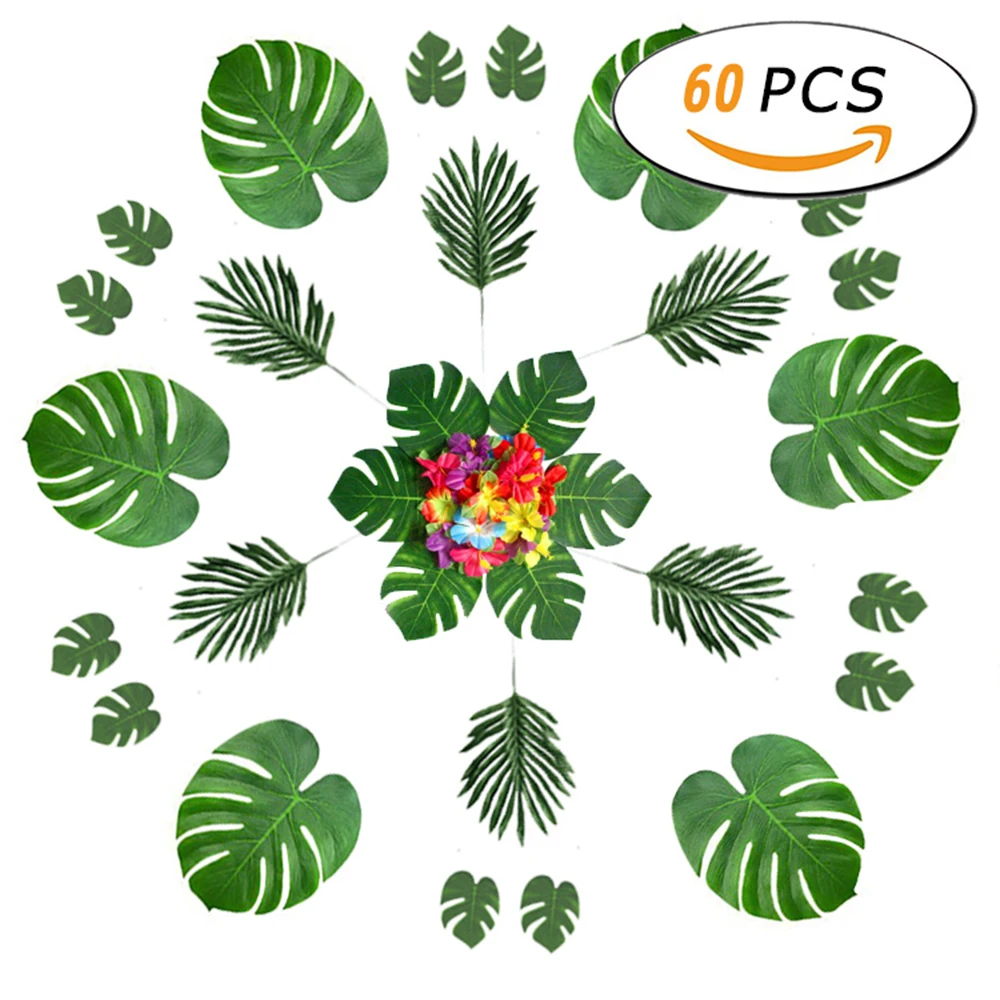 

60Pcs Hibiscus Flowers Tropical Leaves for Luau Party Decorations Artificial Tropical Palm Monstera Leaves and Hibiscus Flowers