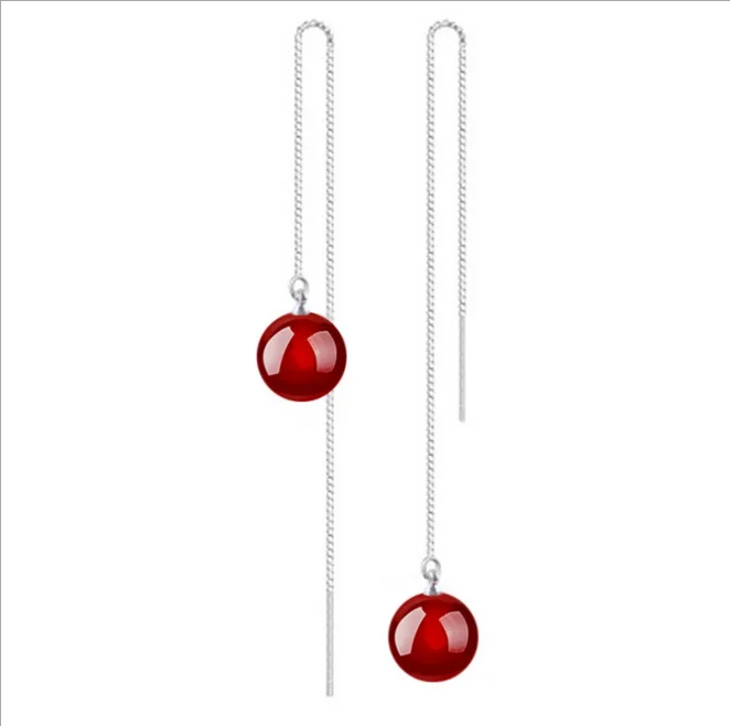 ООБ звезда моды женщины ювелирные изделия черный красный круглый шар длинные Богемия 925 серебро серьги провода уха YS123 - Окраска металла: red