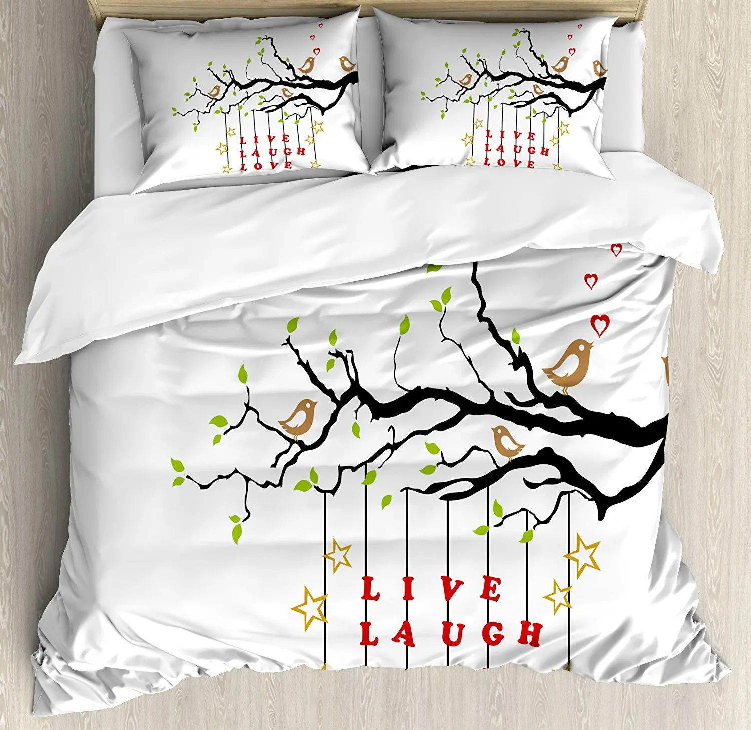 Live Laugh Love Duvet Cover Set Couple of Birds in Love Sitting on a