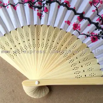 Free shipping 50Sets/Lot Personalized Wedding Date & Names Plum flower Chinese Silk Hand Fan with Luxury Gift Box for Wedding