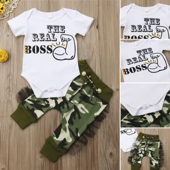 

2018 Casual Cool Newborn Baby Boys Letter Short Sleeve Bodysuit Tops Camo Long Pants Harem Fashion Casual Outfits Set Clothes