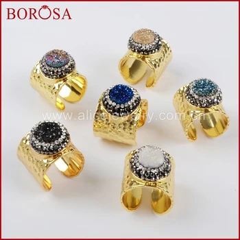 

BOROSA Fashion Round Round Druzy Cuff Ring for Women,Titanium Rainbow Druzy With Crystal Rhinestone Pave Gold Plated Ring JAB755