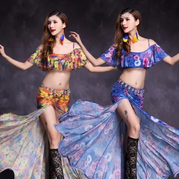

Professional Belly Dance Suit For Ladies Novel Design Blue Color Flower Print Skirt Set Women Square Indian Stage Garments 11058