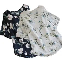 Женский v-образный вырез с длинным рукавом цветочный принт льняная рубашка женские, повседневные, Свободные Топ 2019 Новая мода
