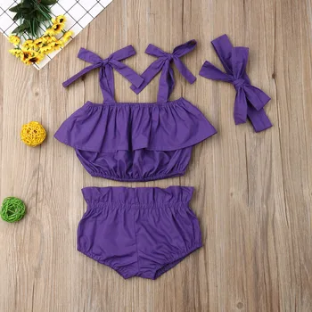 

Pudcoco Summer Newborn Baby Girl Clothes Solid Color Strap Ruffle Crop Tops Short Pants Headband 3Pcs Outfits Summer Clothes