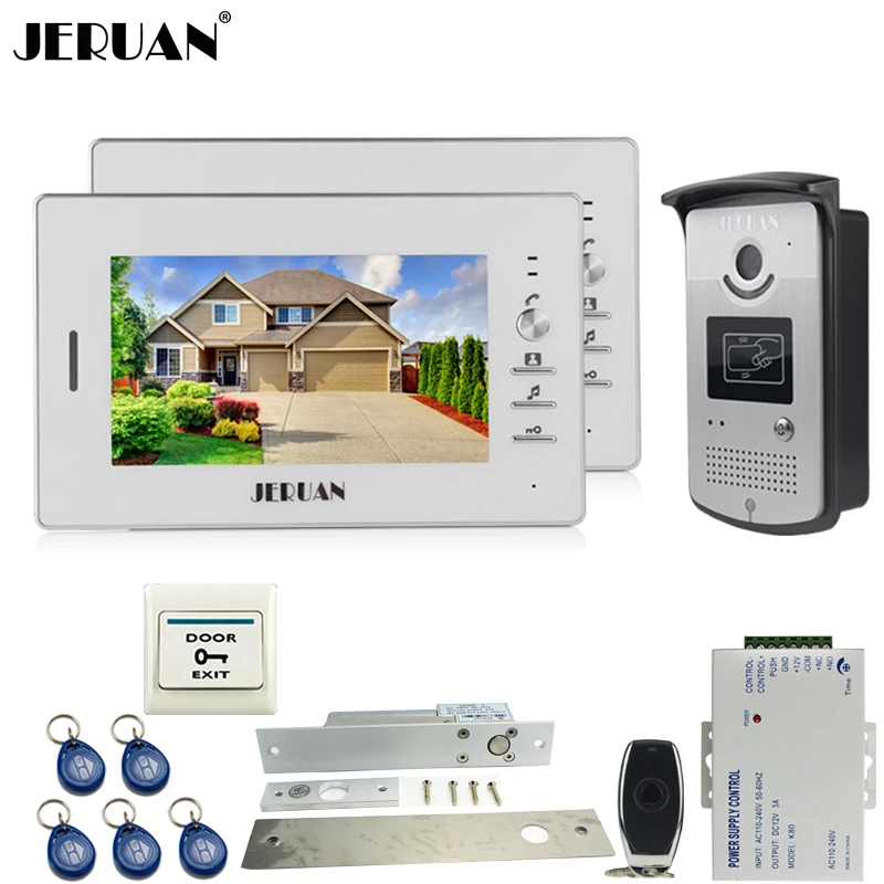 

JERUAN 7 inch LCD color video door phone intercom system kit 2 white monitor waterproof 700TVL RFID Access Camera 1V2 In stock