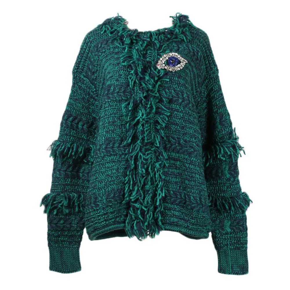 

Women Cardigan Long Sleeve Embroidery Green Black Crystal Knit Outwear Coat Autumn Winter Tide Female Sweater Jacket Y03115