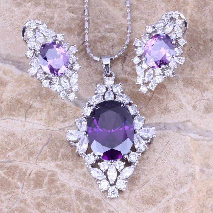 

Noblest Purple Cubic Zirconia White CZ 925 Sterling Silver Earrings Pendant Necklace Fashion Jewelry Sets S0798
