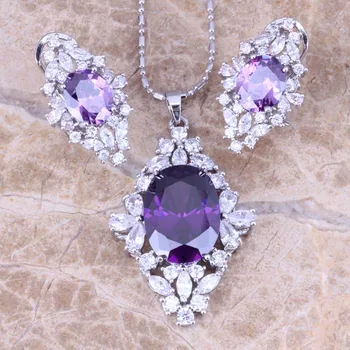 

Noblest Purple Cubic Zirconia White CZ Silver Plated Earrings Pendant Necklace Fashion Jewelry Sets S0798