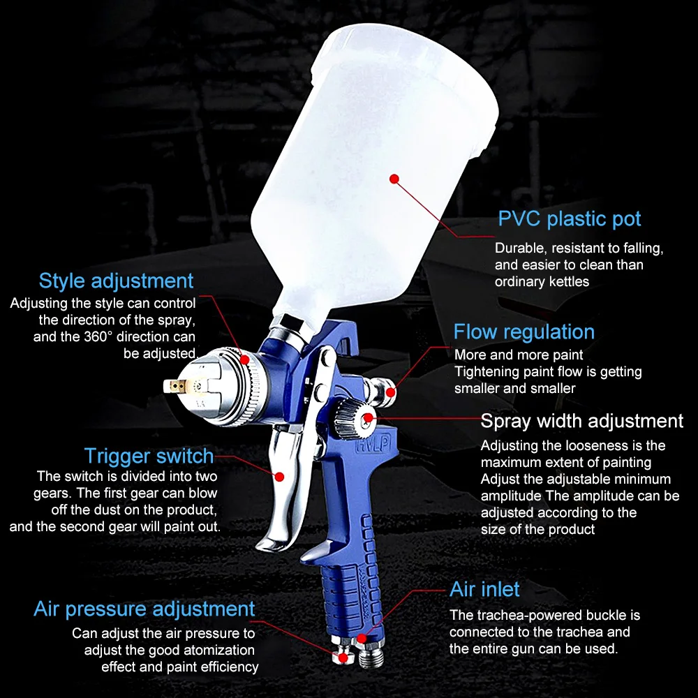 

1.4/1.7/2.0mm Professional HVLP Airbrush Paint Spray Gun 600ml Gravity Feed Airbrush Kit Car Furniture Painting Spraying Tool