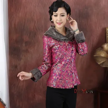 

Autumn Winter Burgundy Chinese Women's Silk Satin Fur Collar Wadded Jacket Fashion Tang Suit Outerwear M L XL XXL 3XL 4XL