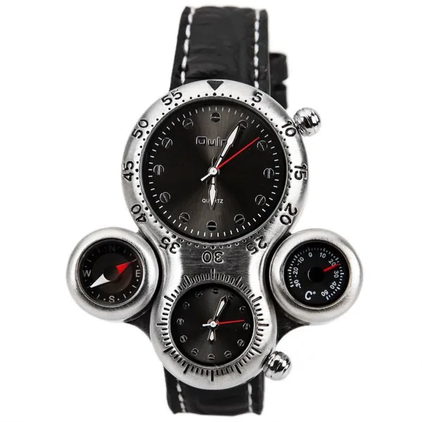 OULM Brand Men's Military Watch with Dual Movement Compass and Thermometer Function Brown Dial Leat