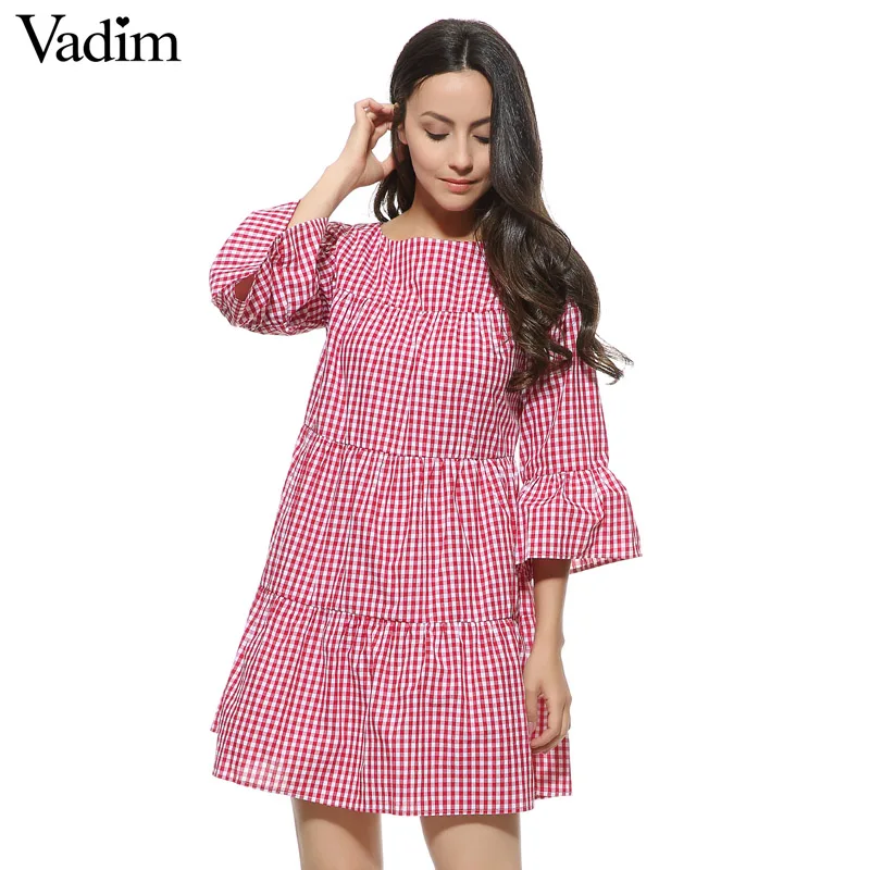 

Women oversized pleated plaid dress summer elegant checkered flare sleeve loose casual sweet dresses vestidos QZ2821