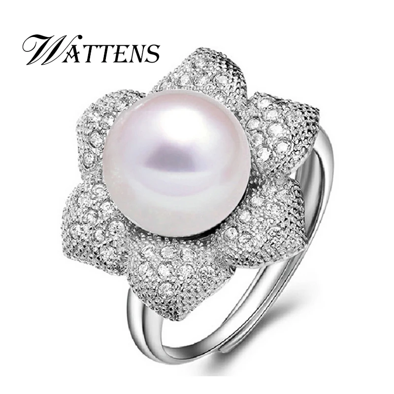 

WATTENS New flower Natural freshwater pearl ring for women, 925 sterling silver adjustable ring with AAAA natural pearl jewelry