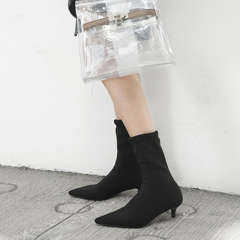 Zapatos Diseñador Bajo Corto Delgado Marca Botas on Otoño Black Tejido Tobillo Estrecha Elástico Negro Punta Tacón Señoras Slip Venta Elegantes Mujeres fwUCqP4w