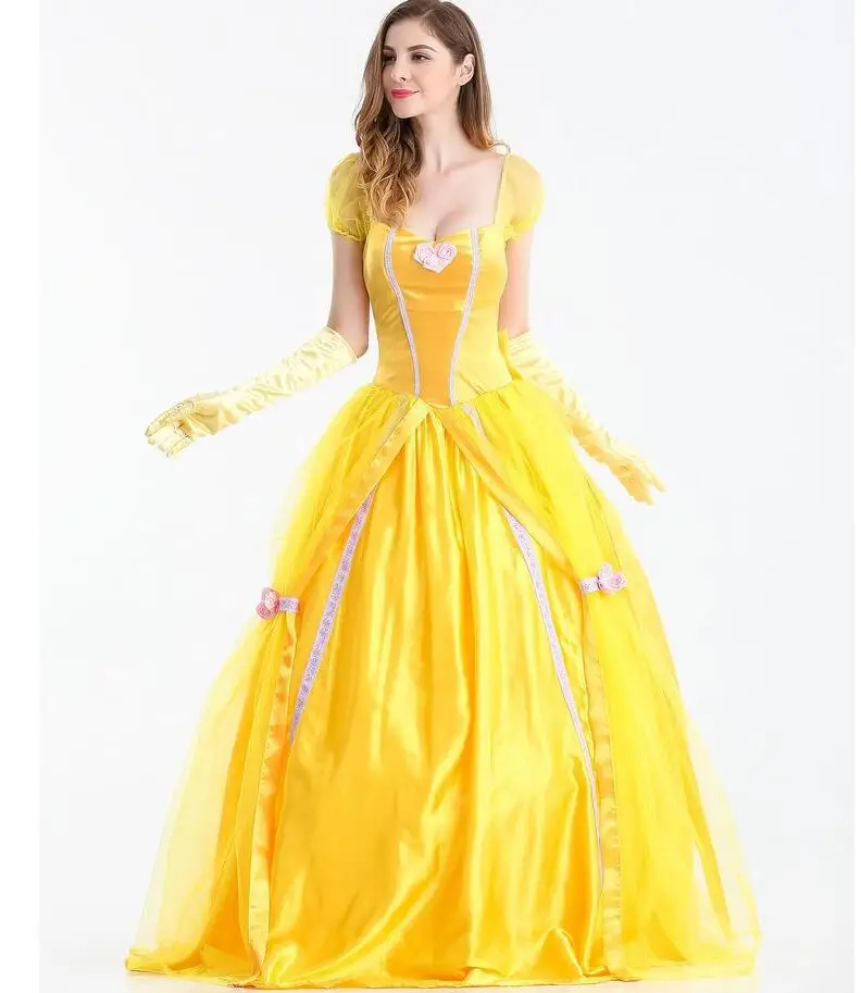 Маскарадные костюмы на Хэллоуин Красавица и Чудовище для взрослых, платья принцессы Белль для женщин, аниме, вечерние, с цветком, желтое длинное платье