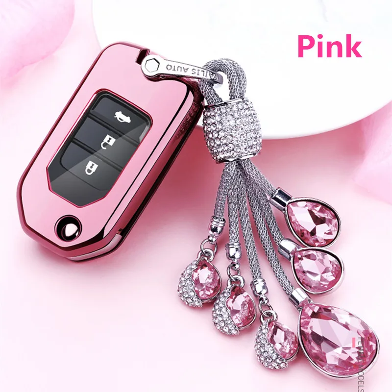 

Full-Protective TPU Soft Folding Key Case Shell Key Holder Key Covers For Honda XRV CRV Accord Crown Artificial Crystal Pendant
