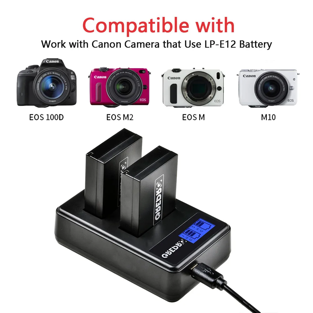 2pcs 1200mAh LP-E12 LPE12 LP E12 Camera Battery + LCD USB Charger for Canon M 100D Kiss X7 Rebel SL1 EOS M10 EOS M50 DSLR AKKU
