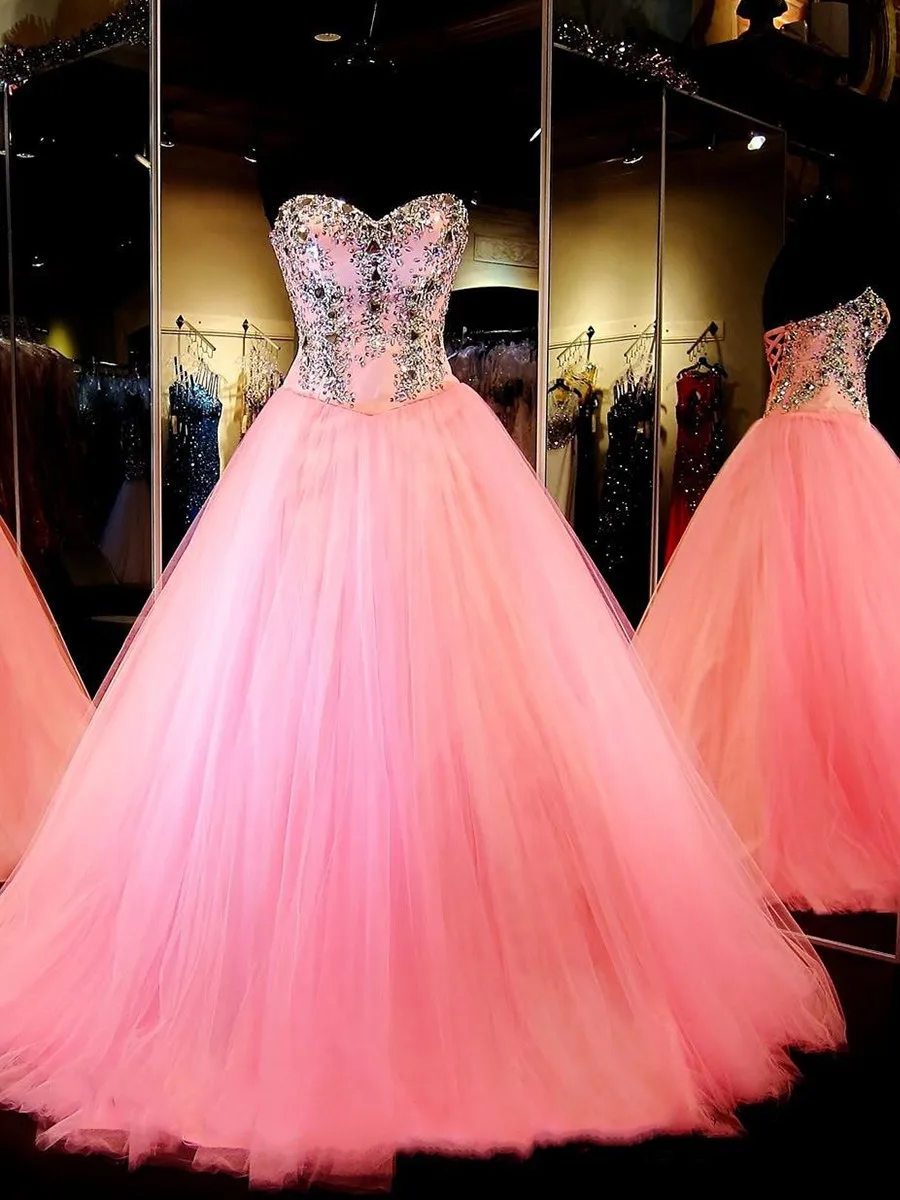 Pink Ball Gown Sleeveless Sweetheart Tulle Floor-length Strapless Crystal Long Prom Dresses | Свадьбы и торжества
