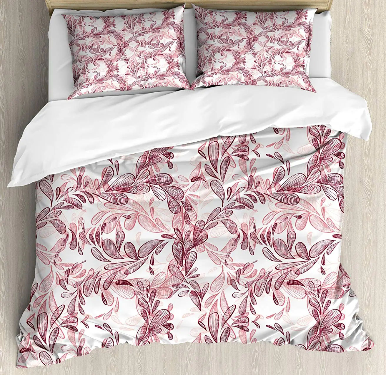 

Floral Duvet Cover Set, Romantic Nature Scroll Style Pattern with Hand Drawn Leaves and Petals 3 Piece Bedding Set
