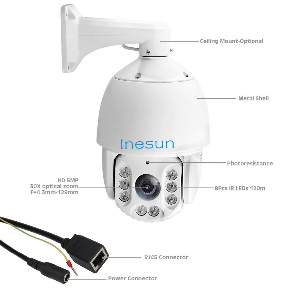 Inesun H.265 Открытый PTZ IP Security Камера 7 дюймов 5MP Super HD 2592x1944 30X Оптический зум высокое Скорость купол ИК ночного видения 400ft