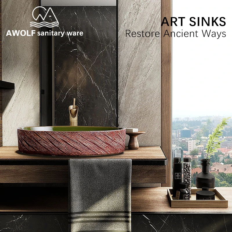 

Antique Ceramic Vessel Handmade Art Bathroom Sinks Washing Basin Bowl Restore Ancient Ways Lavatary Sink Hotel Household AM886