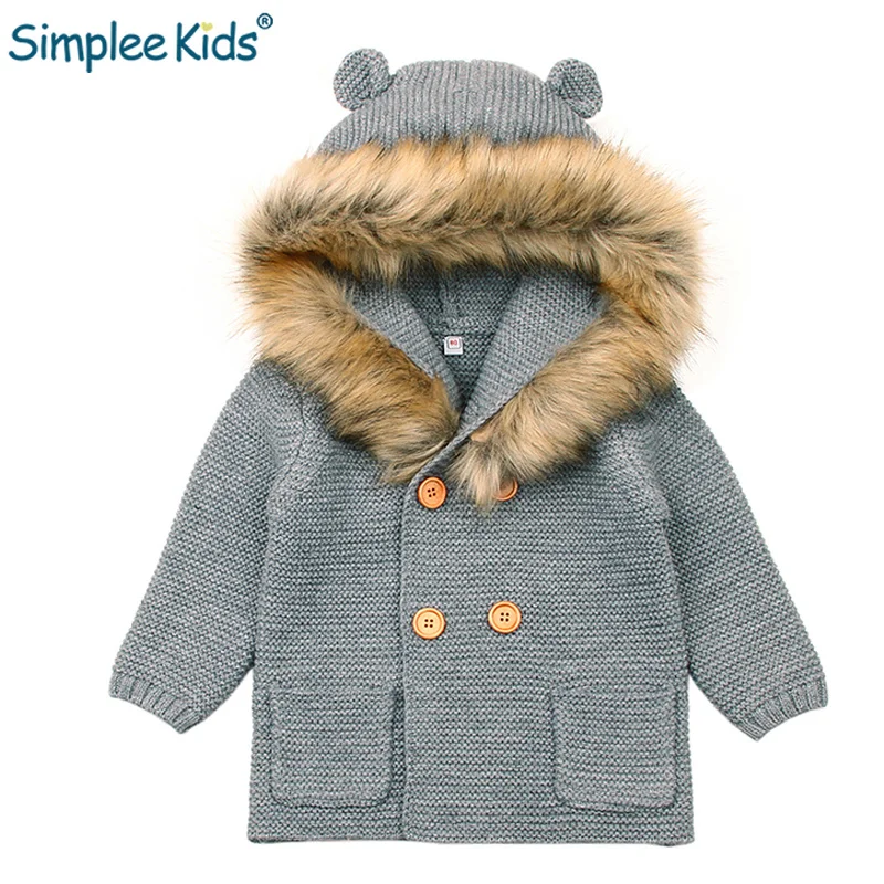 

2018 Winter Warm Newborn Baby Sweater Fur Hood Detachable Grey Infant Boys Girl Knitted Cardigan Fall Outwear Children Knitwear