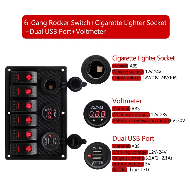 6 банд кулисный переключатель панель 12 в 24 В ABS RV автомобильный прицеп лодка морской Красный светодиодный кулисный переключатель панель автоматический выключатель двойной USB порт