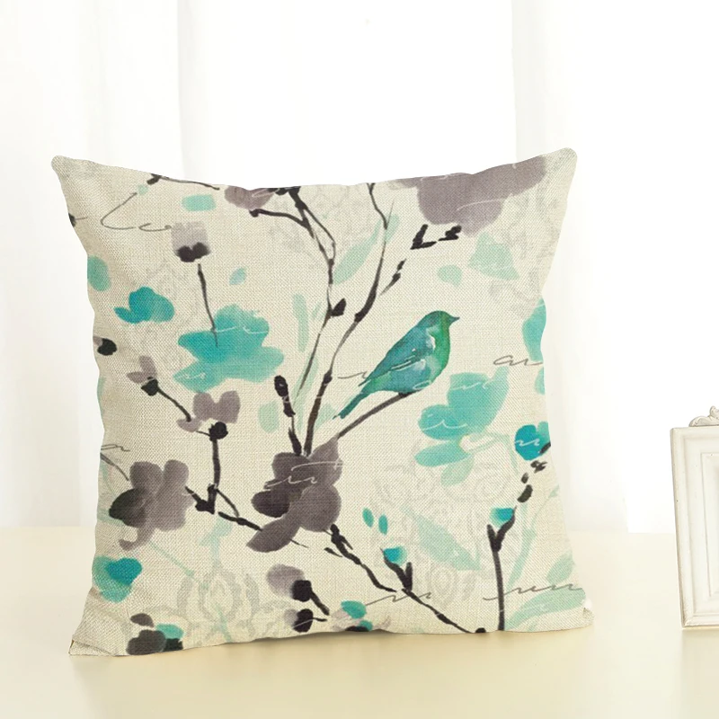 

Birds And Flowers Style Linen Pillow Case Flower Cushion Cover Sailing Mermaid for Sofa Home Decorative Throw Pillow Cover
