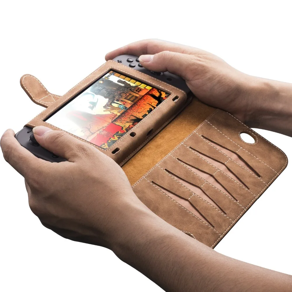 For Nintend Switch Wallet Style Carrying Case PU Leather Protect Flip Cover Shell with 10 Card Holeders& Stand Function For NS