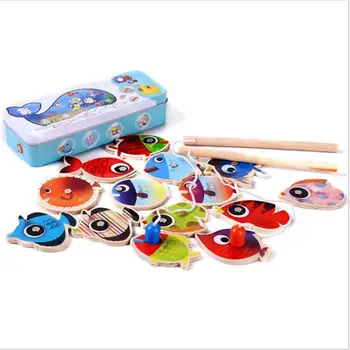 

14 Fishes + 2 Fishing Rods Wooden Children Toys Fish Magnetic Pesca Play Fishing Game Tin Box Kids Educational Toy for child