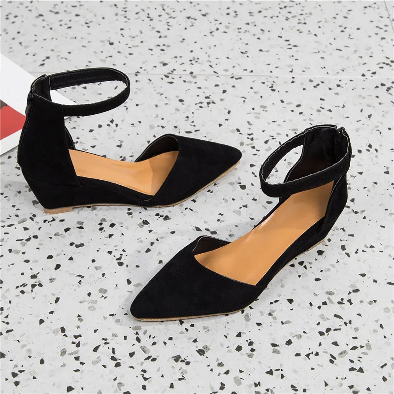 Black Women Wedge Ankle Strap Pumps Zipper Suede Leopard Pointed Toe Shallow Ladies Shoes Summer Plus Size Casual Sandals New Female - Цвет: Black