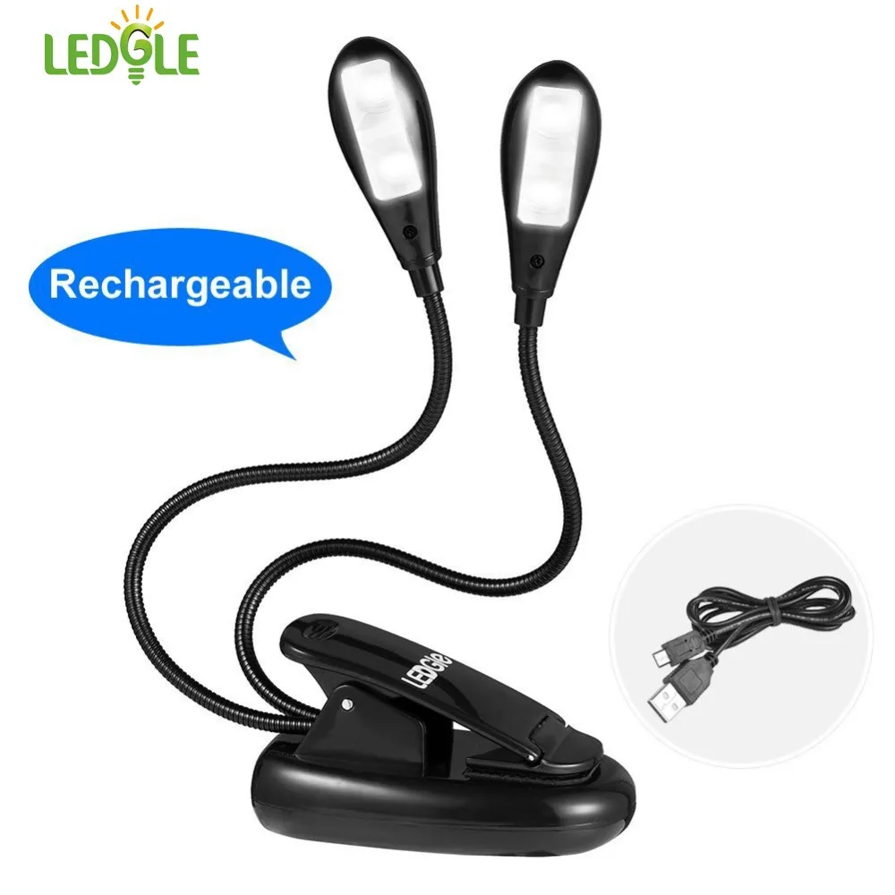 

LEDGLE Rechargeable Book Lights Compact LED Book Light Easy Clip-on Reading Lamps with 2 Lamp Arms