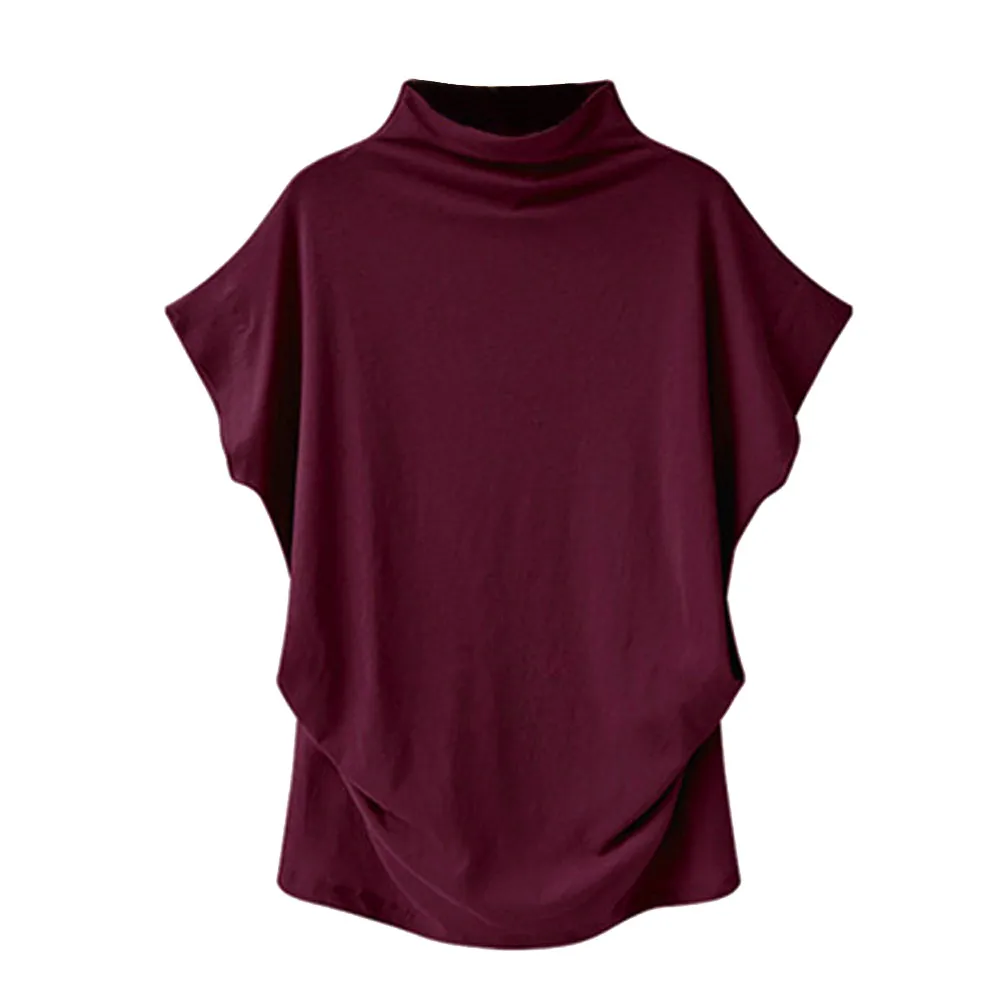Женская футболка с высоким воротником и коротким рукавом, топ, Женская хлопковая однотонная Повседневная модная рубашка, рубашка, Футболка, большой размер - Цвет: Red