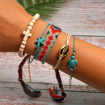 MOON GIRL 5 Pieces Puka Shell Bracelet Set Turtle Starfish Cross Beads Boho Weave Bracelet for Women Friendship Jewelry Dropship - Metal Color: 12