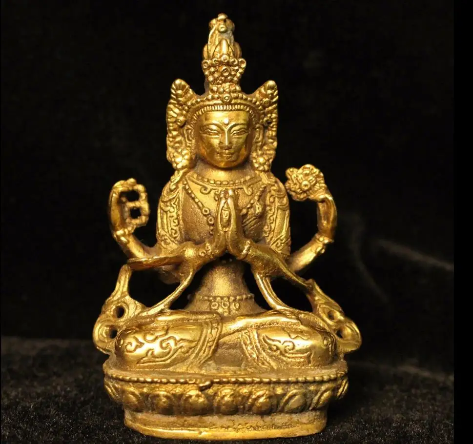 

671115789*++1China Folk Pure Copper Brass Four Arm Chenrezig Avalokitesvara Guan Yin statue