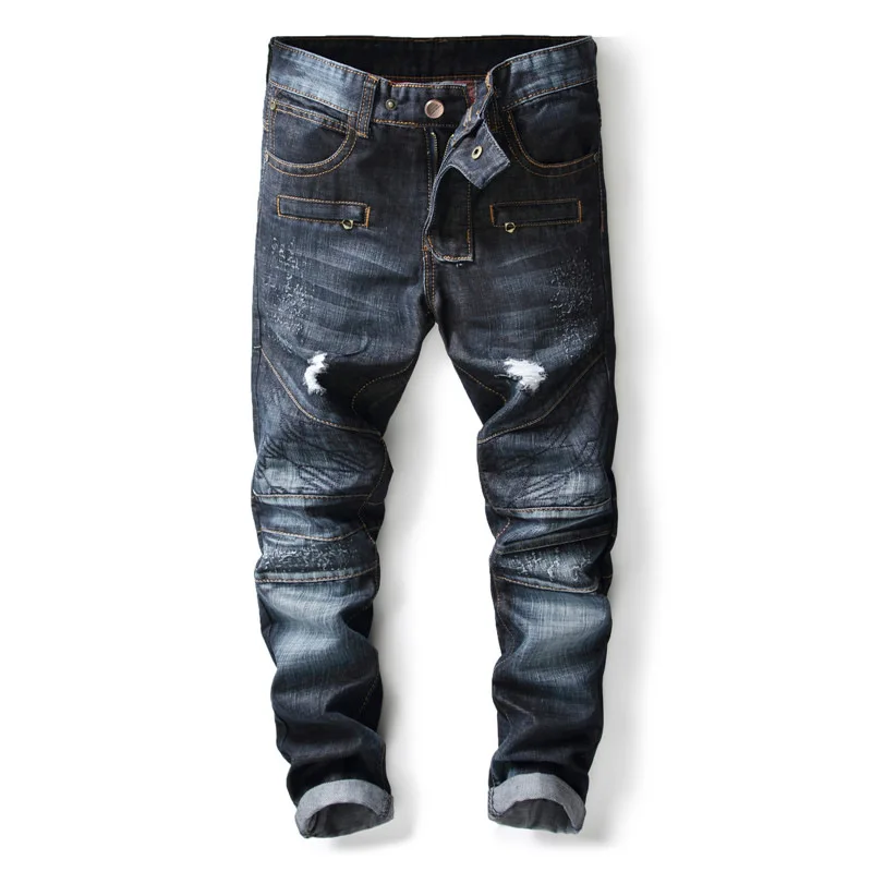 New arrival stylish mens dark blue biker ripped jeans patchwork zipper ...